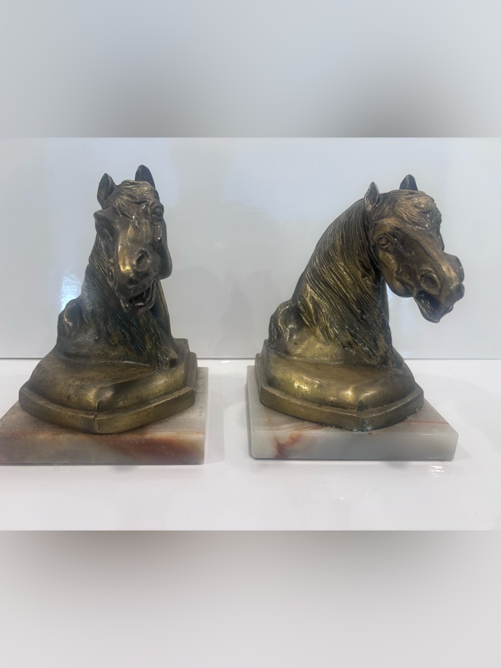 Brass Horse Head Bookends on Marble Bases - Antique Style/vintage